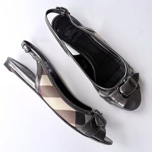 Burberry Pewter Metallic Leather and Nova Check Peep Toe Slingback Flats Size 36
